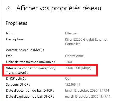 Propriété réseau avec câble relié en direct de la box au Pc