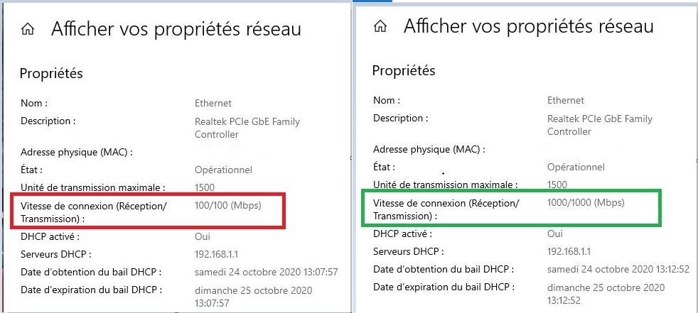 Comparaison vitesse en fonction des cables et de la Catégorie Cat 5 E Cat 7