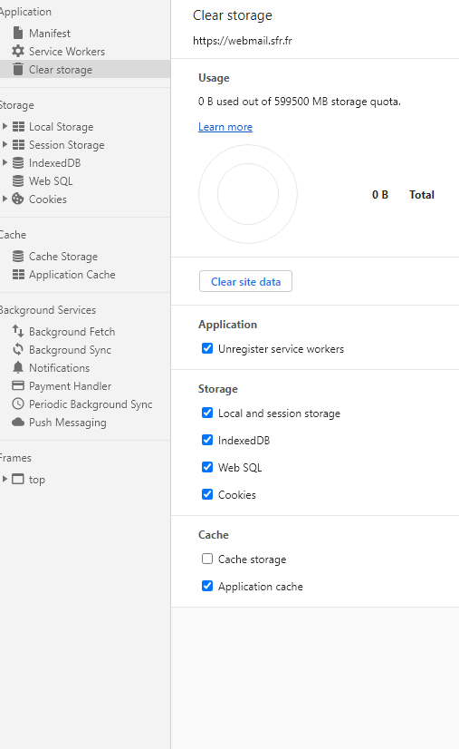 j'ai bien coché Cache storage